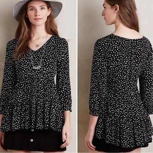 Maeve Anthropologie Lila Polka Dot Peplum 3/4 Sleeve Black White Blouse Top S